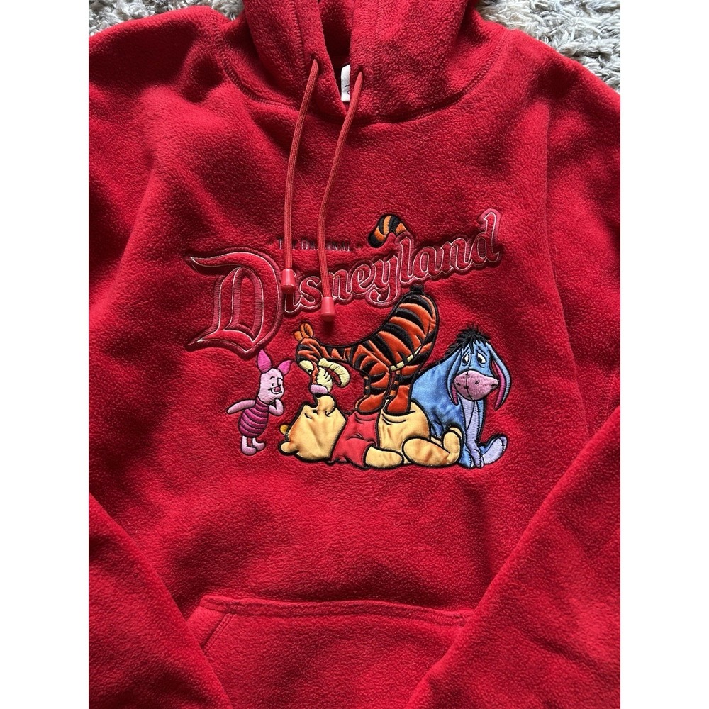 Vintage Disneyland Winnie the Pooh Fleece Hoodie Red Embroidered Size L Y2K - Picture 2 of 4